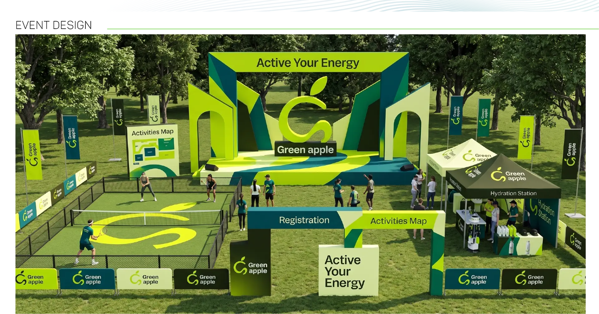 Green Apple outdoor activation with stage and sports court